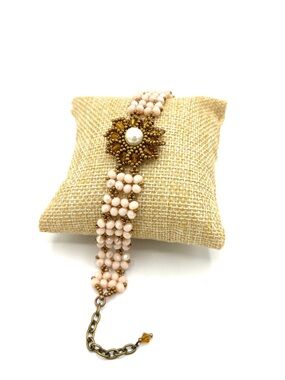 Hand Crafted Beaded Pearl Center Floral Bracelet - Pink & Antique Gold